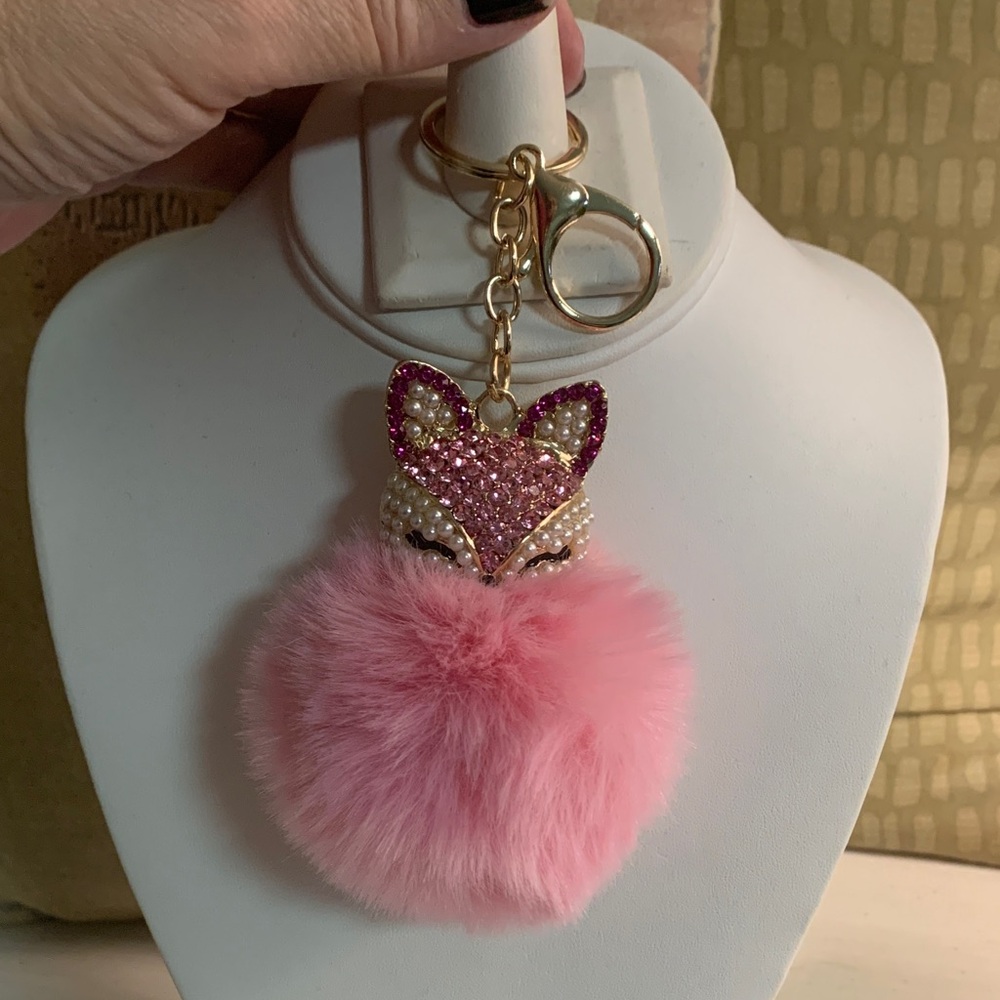Pink Fox Pom Pom Keychain with Colored Rhinestones & Faux Pearls